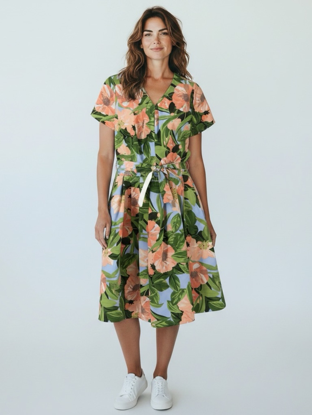 NEW TAHARI Floral V-Neck Belted Midi Dress in Green and Peach SIZE 10